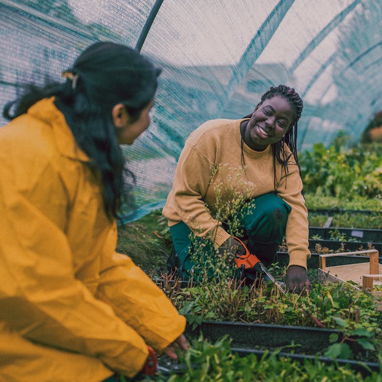 Two women gardening in a greenhouse looking at each other and smiling