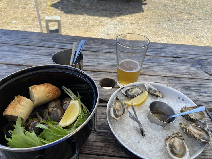 Oysters and miso butter broth clams at Hamma Hamma Oysters