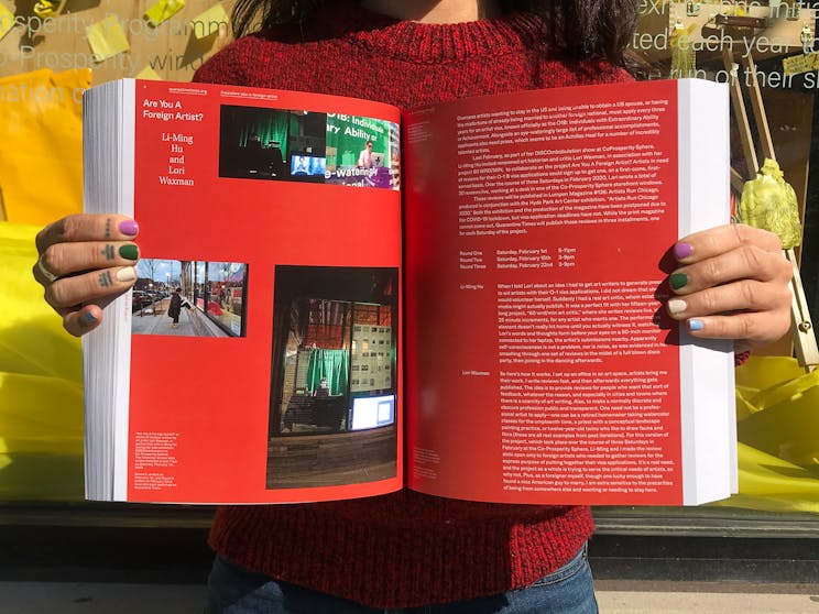 Woman holding Quarantine Times book published by Public Media Institute Chicago